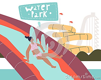 Girl riding down water slide in pool have fun in water park. Small kid enjoy sliding in aqua park Vector Illustration