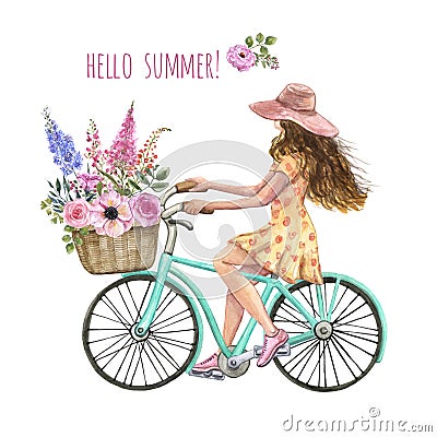 Cute young woman in a summer dress and floral bicycle watercolor illustration. Girl riding bike with flowers basket Cartoon Illustration