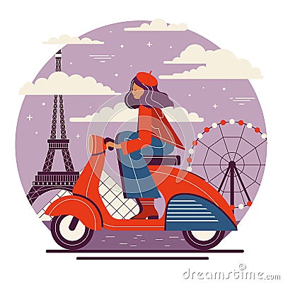 Girl Riding Retro Scooter in Paris France Vector Illustration