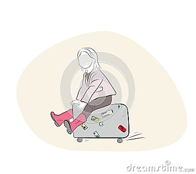 The girl is riding a suitcase. concept of travel. vector illustration. Vector Illustration