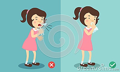 Girl right and wrong sneezing in hand and handkerchief Vector Illustration