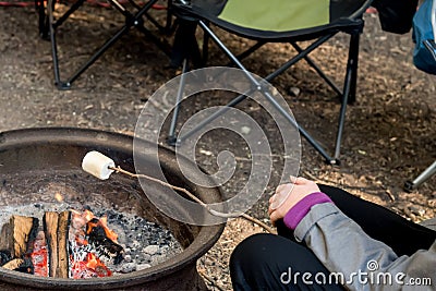 Girl roasting large marshmallow on a stick over the campfire firepit. Camping family fun Stock Photo