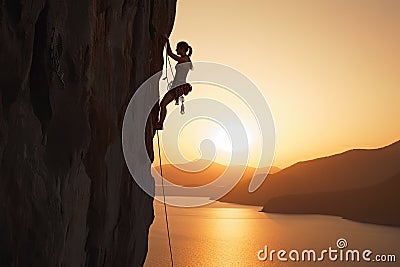 Girl Rock Climbing at Noon on a Cliff Stock Photo
