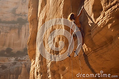 Girl Rock Climbing at Noon on a Cliff Stock Photo