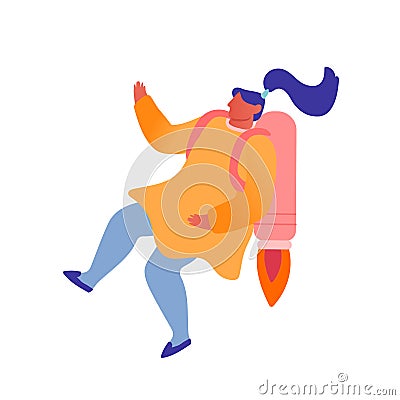 Girl with Rocket on Back Reach New Level of Development, Career Boost, Working Success. Happy Business Woman Vector Illustration