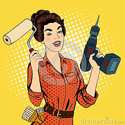 Girl with Roller Brush and Drill. Woman Doing Repairs. Pop Art. Vector Illustration