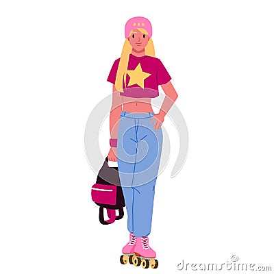 Girl in roller skates, young woman in blue jeans, pink boots with wheels and helmet Vector Illustration