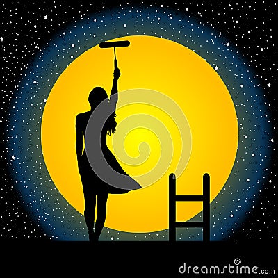 Girl paints the moon and the stars Vector Illustration