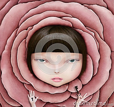 Girl in rose petal Cartoon Illustration