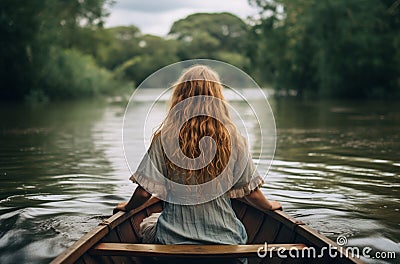 Girl rowing wooden boat in river Stock Photo