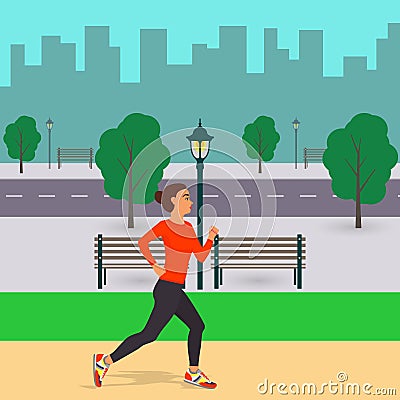 Girl runing along a city street. Jogging woman in the city. Street, trees, silhouettes of buildings, benches and lantern. Beautifu Cartoon Illustration