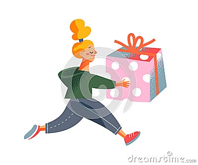 Girl running with gift, shopping hurry on black friday, holding present gift with bow Vector Illustration