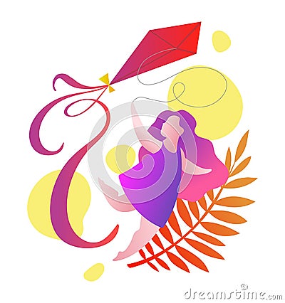 Girl running with a kite, cartoon vector illustration Vector Illustration