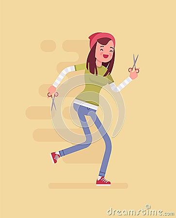 Girl running with scissors Vector Illustration