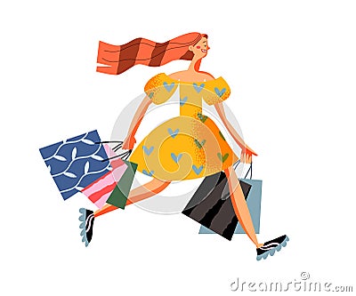Girl running with shopping bags to buy on black friday retail sales, holding present Vector Illustration