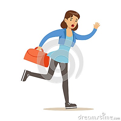 Girl running with suitcase late for flight. Colorful cartoon character vector Illustration Vector Illustration