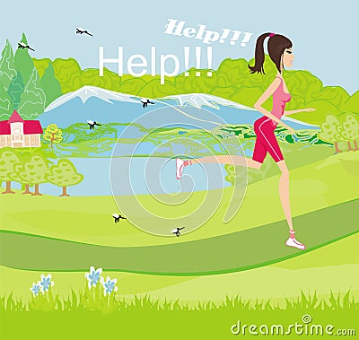 Girl runs away from mosquitoes Vector Illustration