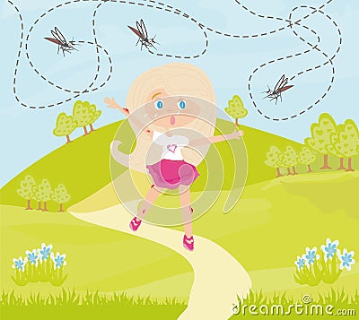 Girl runs away from mosquitoes Stock Photo