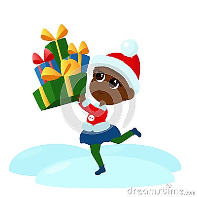 The girl runs and carries in her hands a lot of gifts tied with ribbons. The child is happy and smiling. Vector Illustration