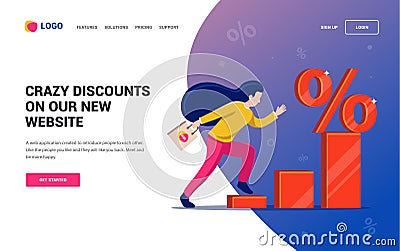 Girl runs the diagram to the discount symbol. Web site. Vector Illustration