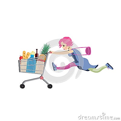 The girl runs with a grocery cart and a bag. Cartoon humor style. Vector illustration Vector Illustration