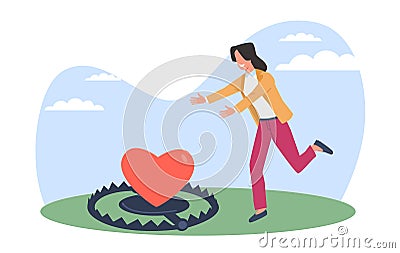 Girl runs into trap that uses heart as bait. Love and romance victim. Dangerous risky relationships. Happy young woman Vector Illustration