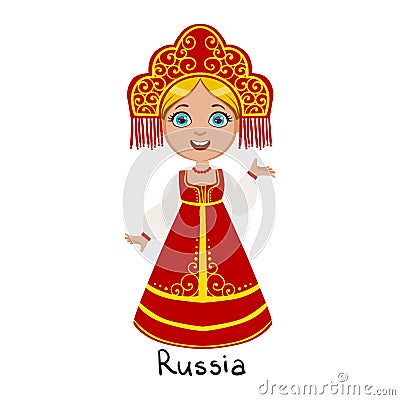 Girl In Russia Country National Clothes, Wearing Sarafan And Headdress Traditional For The Nation Vector Illustration