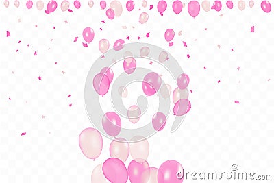 Girl`s birthday. Happy Birthday Background With pink Balloons And Confetti. Celebration Event Party. Multicolored Vector Illustration