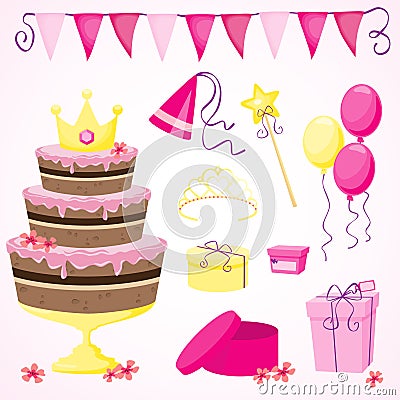 Girl's birthday party elements Vector Illustration