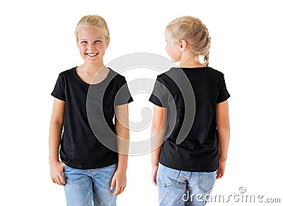 Girl`s black t-shirt mockup template, front and back Stock Photo