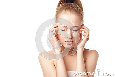 girl's blonde head hurts Stock Photo