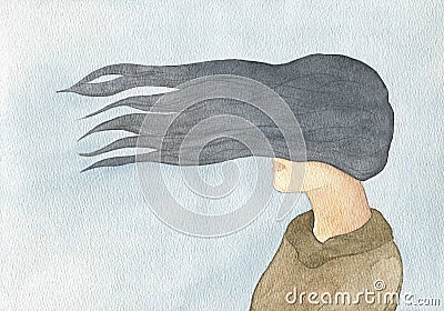Girl`s hair flutters in the wind, watercolol illustration Cartoon Illustration