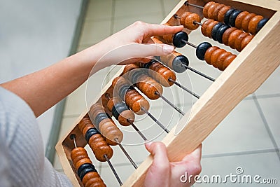 a girlâ€™s hands and old bills in hands Stock Photo