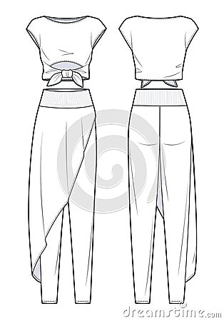 Girl's Skirt Pants, Crop Top fashion flat sketch template. Loungewear fashion flat cad, set Vector Illustration