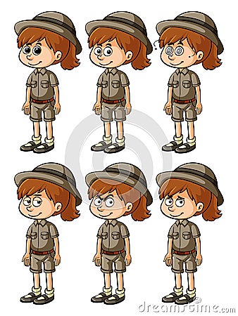 Girl in safari outift with different emotions Vector Illustration