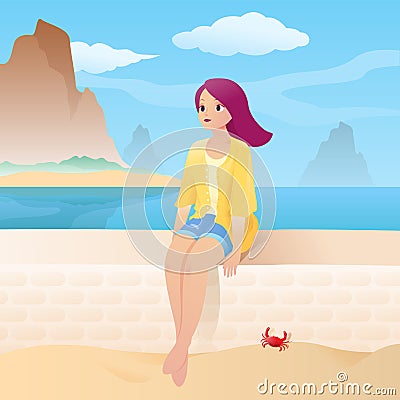 A girl on the sandy beach with beautiful sea and tropical island scenery Stock Photo
