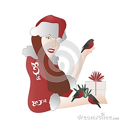 The girl-santa by bullfinch. Vector Illustration