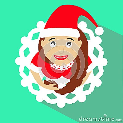 Girl Santa Claus brunette. Christmas New Year`s illustration, . Top view. Skirt form snowflake. on a green background. To us Cartoon Illustration
