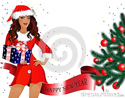 Girl-Santa with gifts in their hands and Christmas tree Vector Illustration