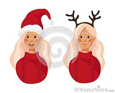 Girl in Santa hat. Merry Christmas. Girl in santa hat and horns of a deer. Christmas masquerade. Vector Illustration