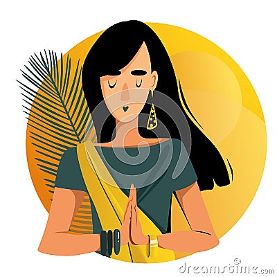 A girl in a sari on a golden background folded her hands in a namaste position. Vector illustration Cartoon Illustration