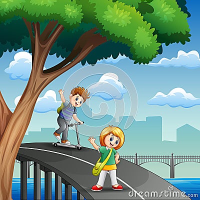 The girl say goodbye to her friend before going home Vector Illustration