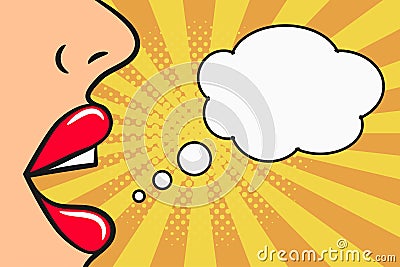 Girl says - female lips and blank speech bubble. Woman Vector Illustration