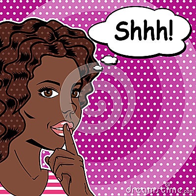 Girl says Shhh pop art comics style, Vector retro african american woman putting her forefinger to her lips for quiet silence Vector Illustration