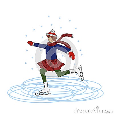 A girl in a scarf is engaged in figure skating. Ice dancing, winter. Vector illustration in flat cartoon style. Cartoon Illustration