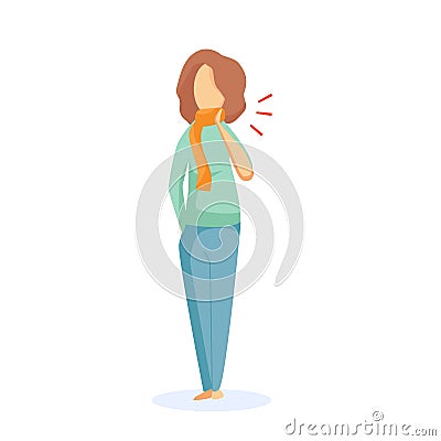 Girl in a scarf with a sore throat. Vector caricature Vector Illustration