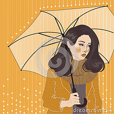 Girl in scarf under umbrella, Vector Illustration