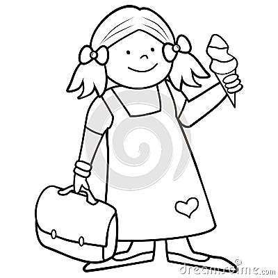 Girl and schoobag, coloring book Vector Illustration