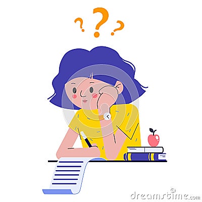 Girl on school exam. Kid study and think about test or homework in class. Pupil confused how to do survay on blank Vector Illustration
