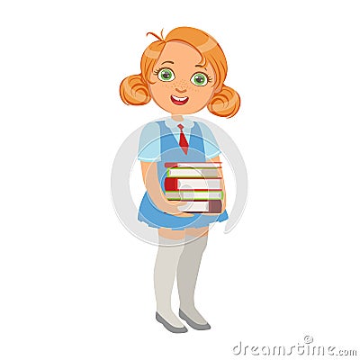 Girl In School Uniform Holding Pile Of Books , Part Of Kids Loving To Read Vector Illustrations Series Vector Illustration